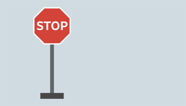 Classic red octagonal stop sign on a metal post, isolated on a light grey background with generous copy space.