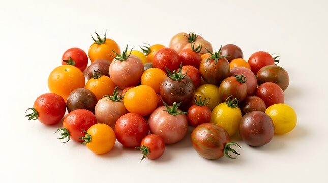 A vibrant assortment of fresh baby heirloom tomato varieties piled together on a clean white surface for food background