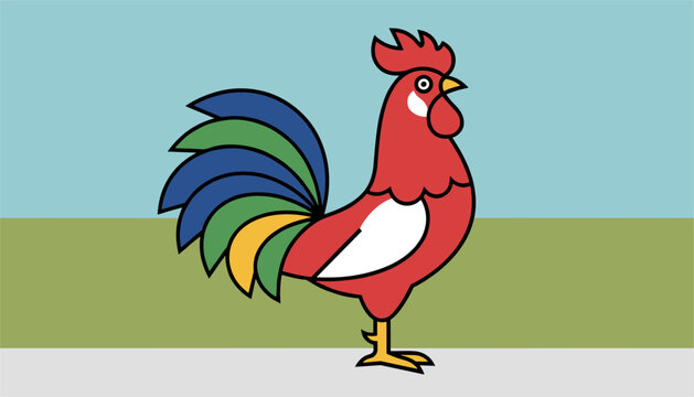 Colorful cartoon rooster standing proud with bright red body and multicolored tail feathers on a pasture background.
