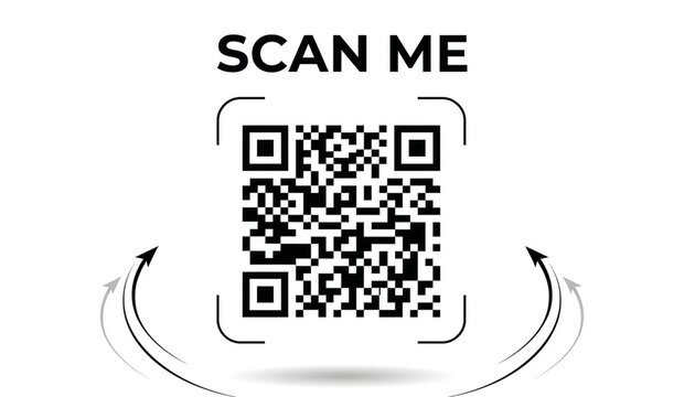 A black and white QR code vector icon with Scan Me text typography, curved pointing doodle arrows, and corner frame brackets, isolated on a minimal solid white background template.