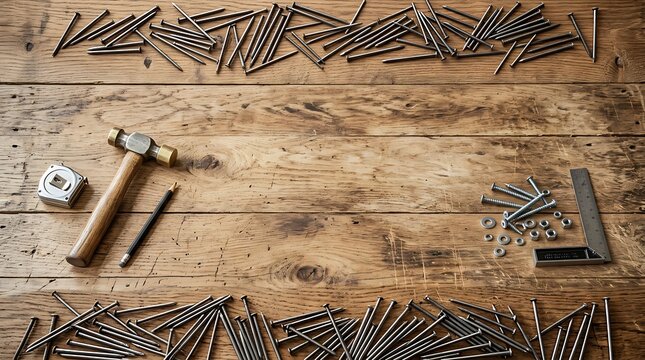 Top view of carpenter tools and hardware including hammer, tape measure, pencil, square, nails, and washers arranged on a rustic wooden workbench background