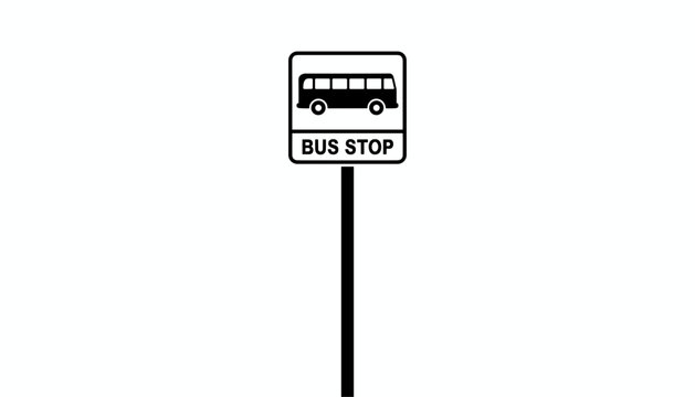 Minimalist black and white bus stop sign displaying a bus silhouette and text on a tall metal post, isolated on white.
