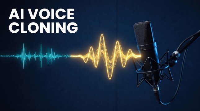 Studio microphone with glowing digital voice waveforms