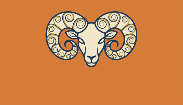 Stylized head of a strong ram with highly decorative curly horns in traditional vector illustration on orange.