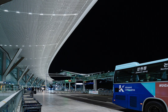 September 11, 2026, Incheon, South Korea - Airport Limousine bus parked at Incheon International Airport Terminal 2 at night