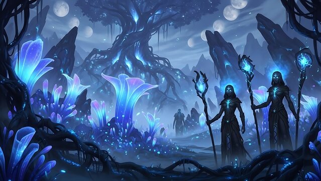 Mystical figures within a glowing blue fantasy woods.
