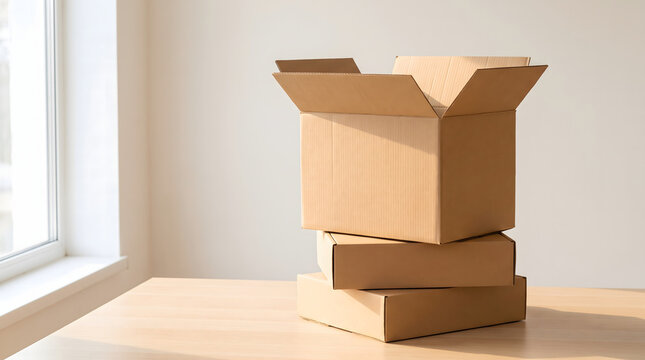 A stack of three brown cardboard boxes placed on a wooden table in a bright room with natural sunlight streaming through a window, representing moving, shipping, delivery, storage, and organization.