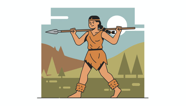 Native indigenous woman wearing traditional hide clothing walks purposefully while carrying a long spear on her shoulder.