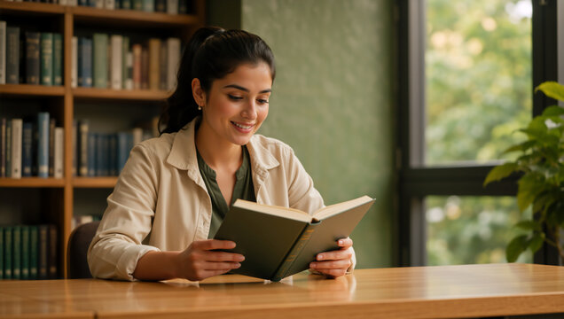 Young woman reading book at wooden table in library. Smiling female student studying in cozy room with bookshelves