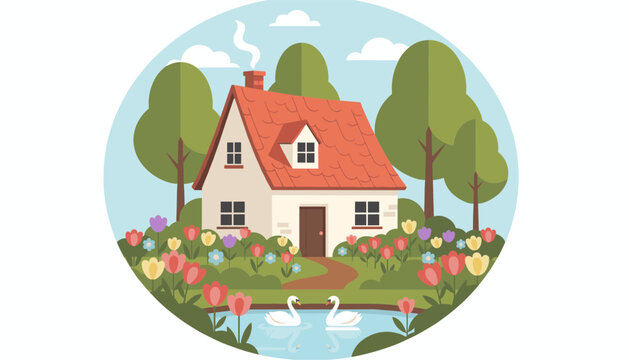 Cozy country cottage with a red roof sits in a flower garden next to a pond with two elegant white swans swimming.