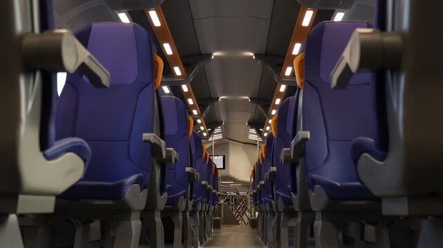 Empty blue passenger seats with yellow handles inside modern train carriage, showing travel