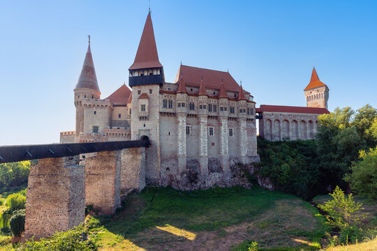 Corvin Castle with fortified towers and bridge in Hunedoara Transylvania Romania