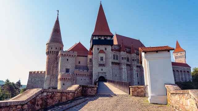 Entrance bridge and fortified towers of Corvin Castle in Hunedoara Transylvania Romania