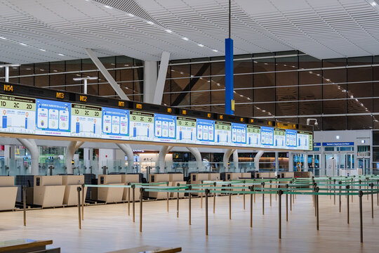 September 11, 2026, Incheon, South Korea - Empty smart departure lanes and digital display boards at Incheon International Airport Terminal 2.