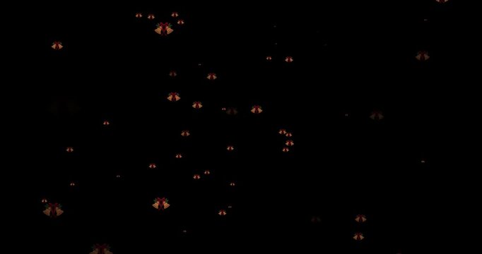 Floating gold christmas bells with holly leaves and red ribbons on a black background