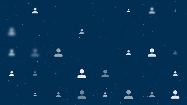 Template animation of evenly spaced user symbols of different sizes and opacity. Animation of transparency and size. Seamless looped 4k animation on dark blue background with stars