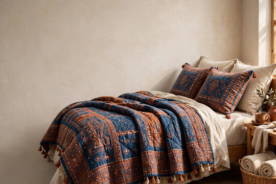 Traditional Winter Lehaf Bedding Layered with Cushions on Wooden Bed