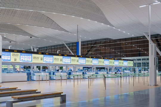 September 11, 2026, Incheon, South Korea - Empty check-in counters and digital displays at Incheon International Airport Terminal 2