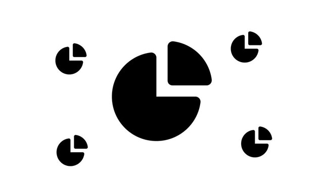 Zoom in and out animation the pie chart symbol. Large black symbol in the center and four small symbols around. Seamless looped 4k animation on white background