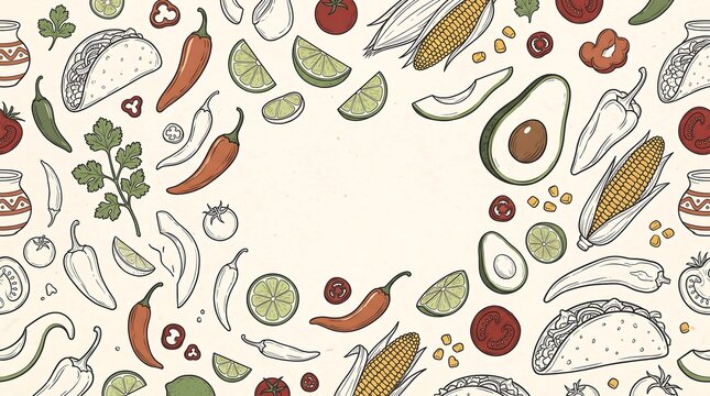 Hand drawn mexican food pattern background with tacos avocado chili peppers and corn with copy space