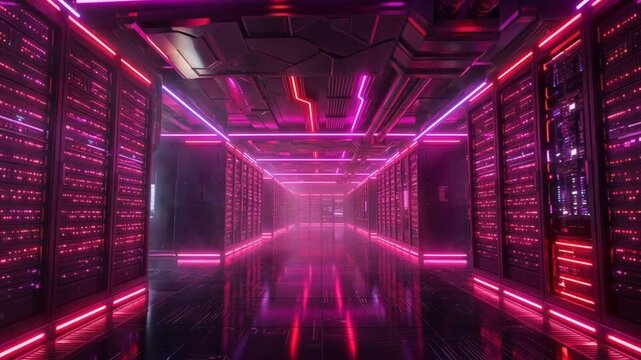 Magenta lit data center corridor extends past server racks in futuristic cyberpunk style. Empty hall, reflective floor, and glowing ceiling lines create intense high tech atmosphere and mystery.