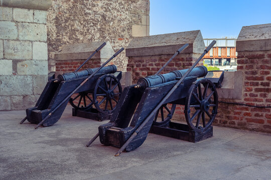 Historic cannons on the ramparts at Corvin Castle in Hunedoara Transylvania Romania