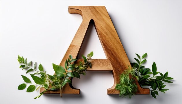 Wooden Letter A Decorated With Greenery On A White Background