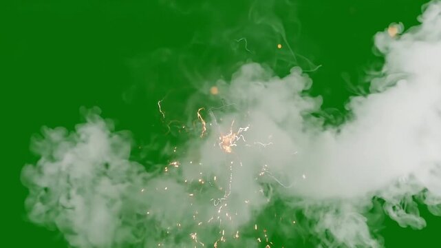 Massive fire and smoke explosion effect isolated on green screen chroma key