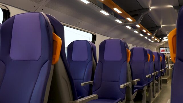 Empty blue passenger seats with yellow handles inside modern train carriage, showing travel