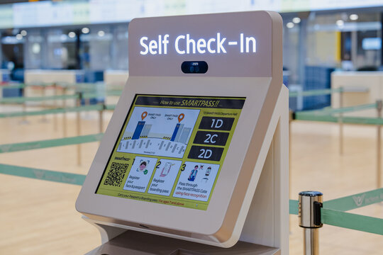 September 11, 2026, Incheon, South Korea - Self check-in kiosk with SMARTPASS face recognition instructions at Incheon International Airport Terminal 2