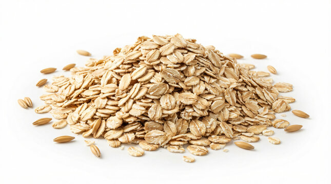 A small pile of raw organic oat flakes for a healthy breakfast meal isolated on white background