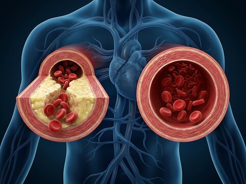 3d medical illustration of atherosclerosis showing a healthy artery compared to a narrowed artery blocked by plaque buildup in the human body