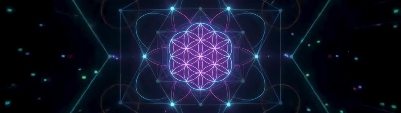 Sacred geometry and meditation concept glowing neon flower of life pattern with shifting light lines spiritual energy and mindfulness background for wellness and relaxation video content.