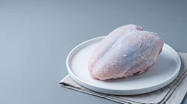A single raw frozen chicken breast fillet placed on a round white ceramic plate for dinner preparation