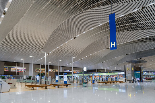 September 11, 2026, Incheon, South Korea - Interior view of Incheon International Airport Terminal 2 with check-in counters and seating areas