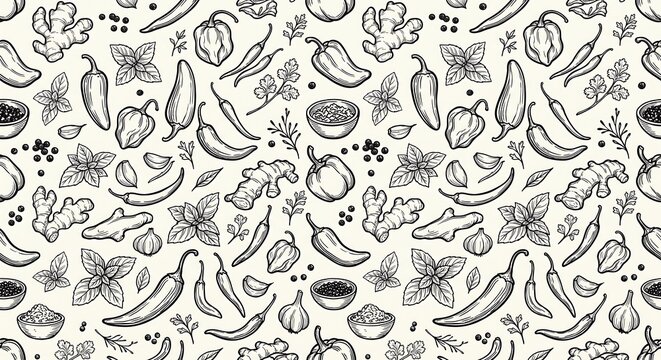 Seamless pattern with hand drawn chili peppers and spices on a white background