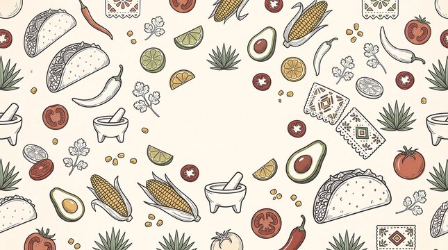 Hand drawn mexican food pattern background with tacos avocado corn and chili peppers with copy space