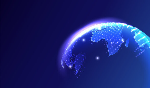 World map network globe. Globe Ai earth planet with continents blue background. Perspective countries technology and science banner. Artificial Intelligence futuristic sphere of cosmos night earth vec