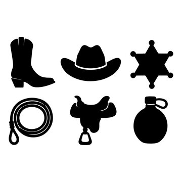 Western Cowboy Essentials Solid Black Silhouette Icon Collection