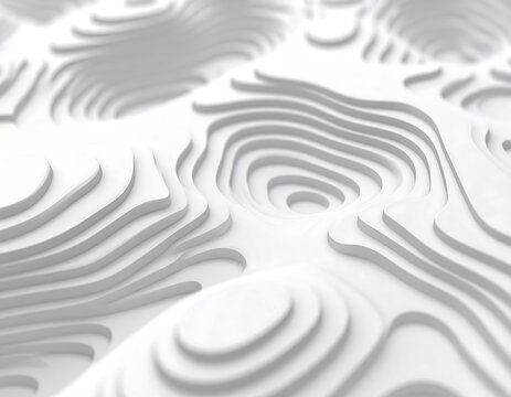 Intricate white topographic map contour lines pattern with soft shadows, ideal for modern architectural and geographic design backgrounds.