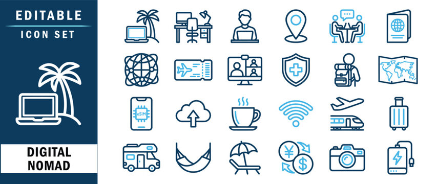 Digital Nomad Lifestyle and Beach Remote Work Vector Design and Illustration Featuring Global Travel Online Meeting and Vacation Icon Set