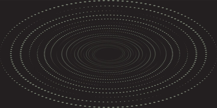 Abstract vector background featuring three concentric dotted circles with a halftone gradient pattern on a dark black backdrop.