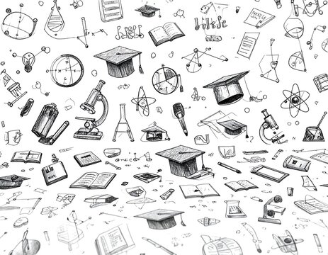 Hand-drawn education and science doodles pattern featuring graduation caps, microscopes, and books, ideal for academic design and school projects.