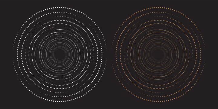 Abstract vector background featuring two gold and white concentric dotted circles with halftone gradient pattern on a dark black backdrop.