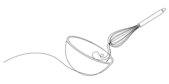 Simple line art drawing of a kitchen whisk mixing ingredients in a bowl for cooking and baking delicious homemade food recipes