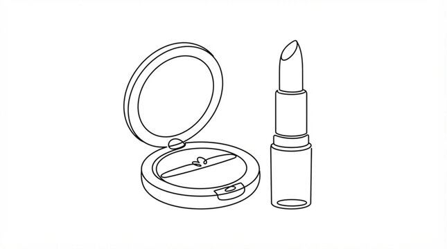 Continuous line art makeup compact and lipstick minimalist cosmetics vector illustration