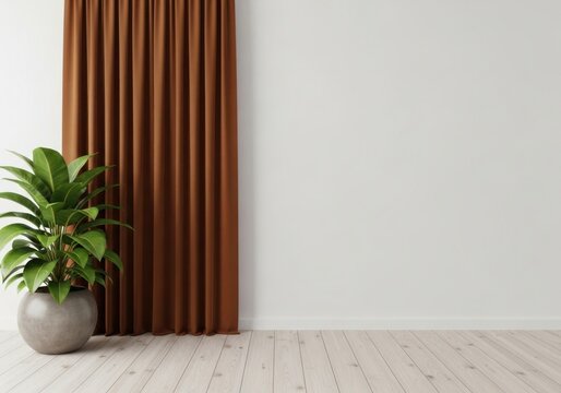 A simple modern interior showcases warm brown draperies and a lush vibrant green houseplant set before a bright clean white wall surface
