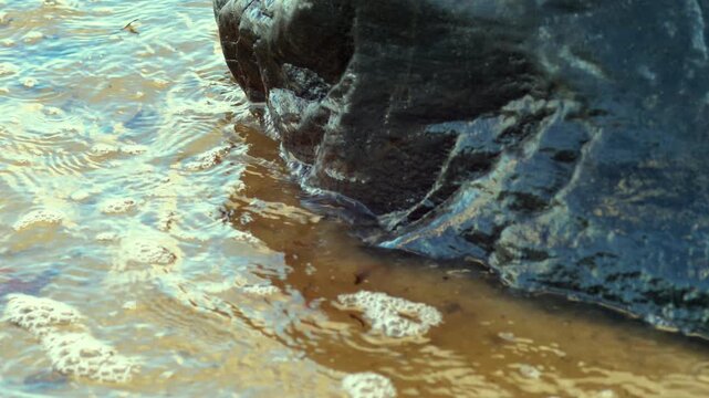 Foamy Ocean Tide Washing Over Wet Sand and Dark Beach Rock - Gentle Sea Water Flowing In and Out Against Coastal Stone