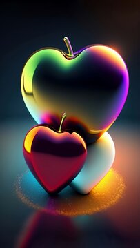 Vibrant 3D abstract heart shaped apples with metallic glossy rainbow reflections on dark background