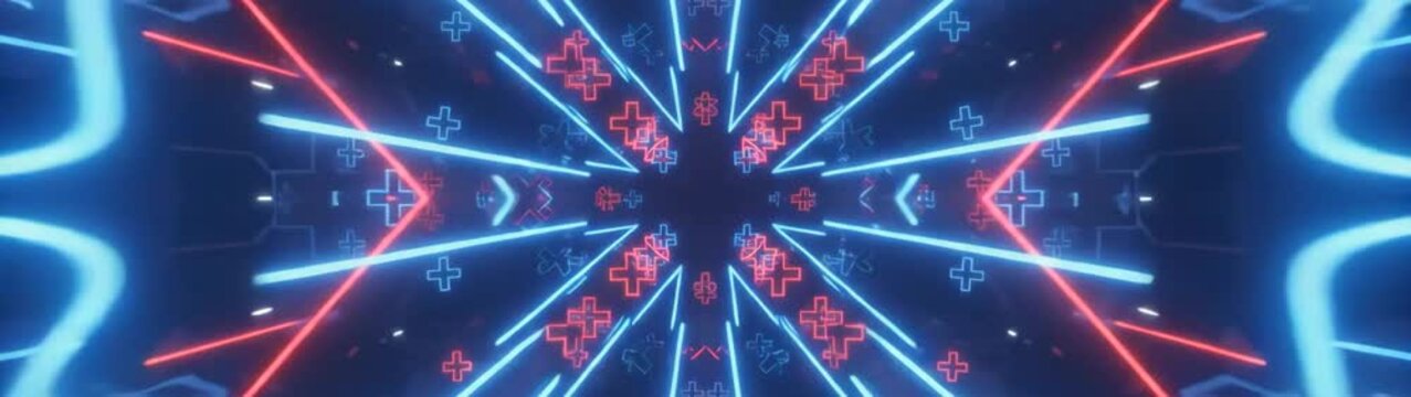 Cyberpunk neon tunnel with glowing red and blue plus signs futuristic digital space travel and abstract motion background for technology concepts.
